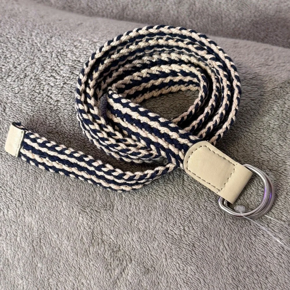 Womens Skinny Braided Rope Belt Size 12 D Ring Blue Cream Nautical Preppy BOHO